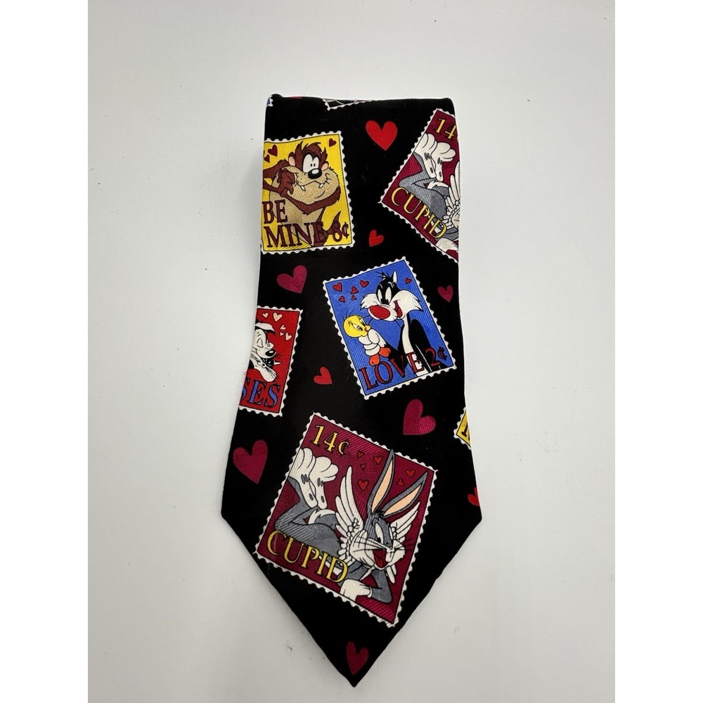 Looney Tunes Men's 100% Silk Neck Tie Black Valentine Stamp Print Bugs Taz Cupid